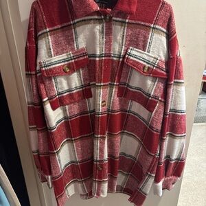 Red and White Plaid Button-Up Shirt